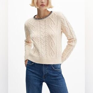 Mango Wool Blend Cable Knit Sweater Cream S | Black Contrast Trim | NWT